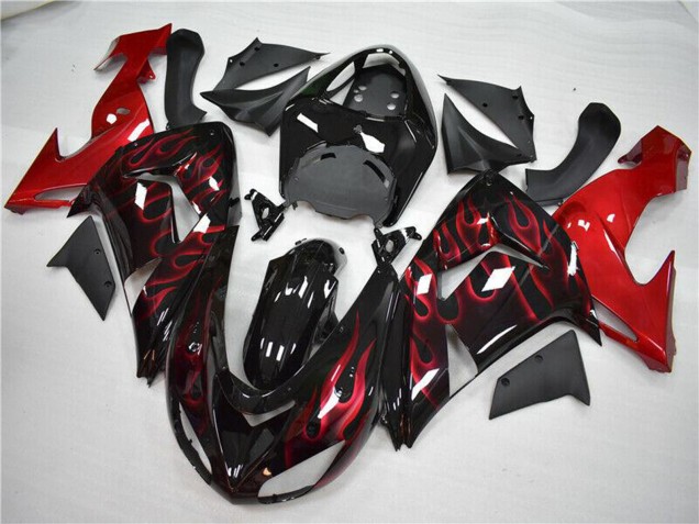Beste Kawasaki ZX10R Motorrad Verkleidung 2006-2007 - Glanzendes Schwarz Rot Flamme