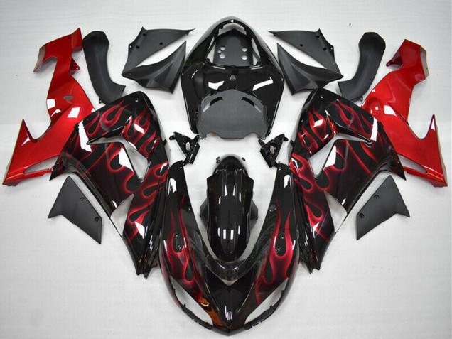 Beste Kawasaki ZX10R Motorrad Verkleidung 2006-2007 - Glanzendes Schwarz Rot Flamme
