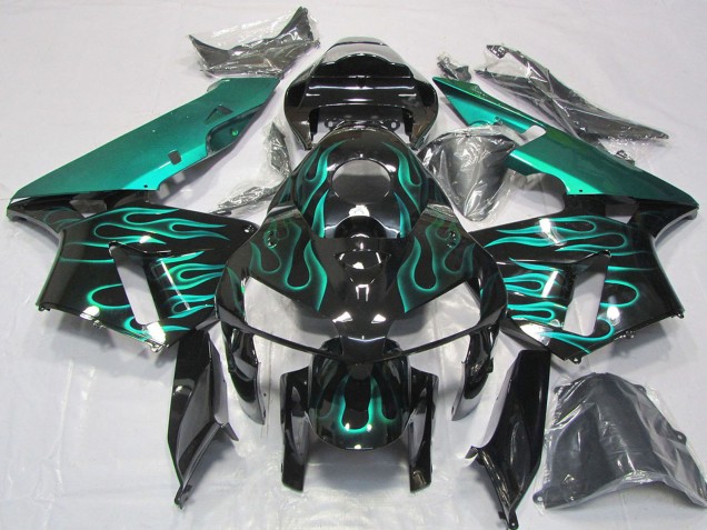 Beste Honda CBR600RR Motorrad Verkleidung 2005-2006 - Glanzendes Schwarz Blau Grun Flamme