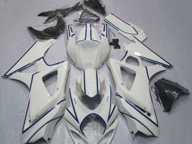 Beste Suzuki GSXR 1000 Motorrad Verkleidung 2007-2008 - Glanzendes Weiss Blau PinStreifen