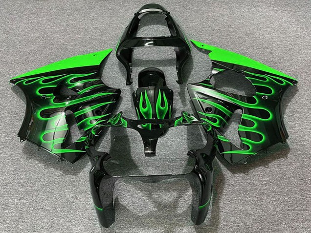 Beste Kawasaki ZX6R Motorrad Verkleidung 2000-2002 - Glanzendes Schwarz Grun Flamme
