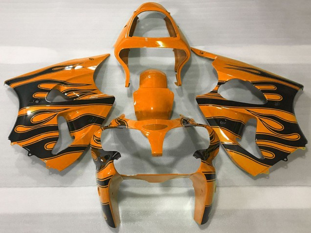 Beste Kawasaki ZX6R Motorrad Verkleidung 2000-2002 - Orange Schwarz Flamme