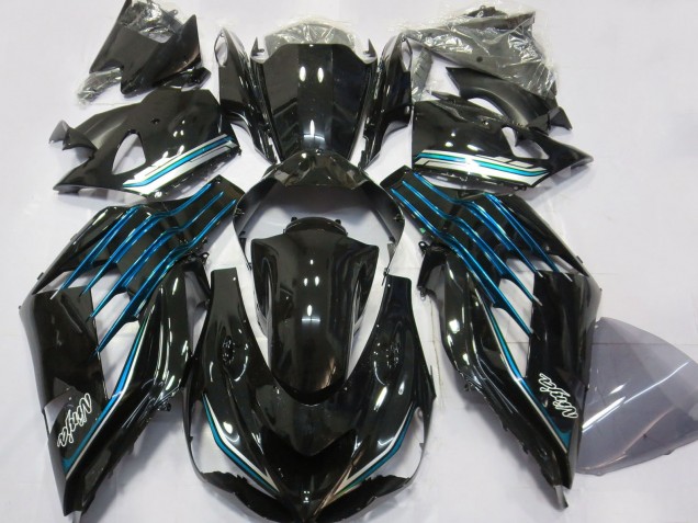 Beste Kawasaki ZX14R ZZR1400 Motorrad Verkleidung 2012-2024 - Glanzendes Schwarz Hellblau