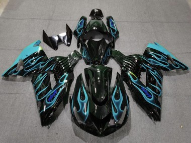 Beste Kawasaki ZX14R Motorrad Verkleidung 2006-2011 - Glanzendes Schwarz Hellblau Flamme