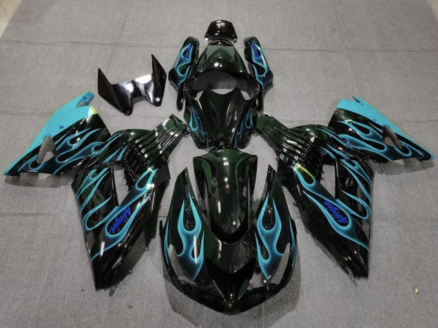 Beste Kawasaki ZX14R Motorrad Verkleidung 2006-2011 - Glanzendes Schwarz Hellblau Flamme