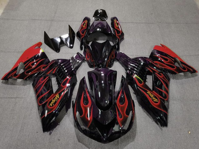 Beste Kawasaki ZX14R Motorrad Verkleidung 2006-2011 - Glanzendes Schwarz Rot Flamme Gold Ninja