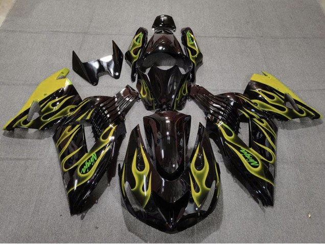 Beste Kawasaki ZX14R Motorrad Verkleidung 2006-2011 - Glanzendes Schwarz Gelb Flamme