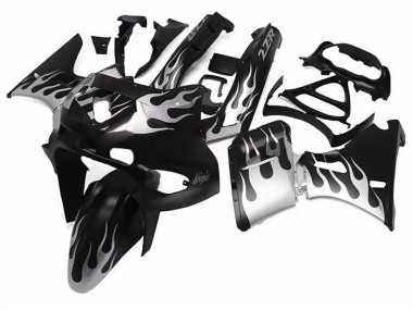Beste Kawasaki ZZR400 Motorrad Verkleidung 1993-2007 - Glanzendes Schwarz Silber Flamme
