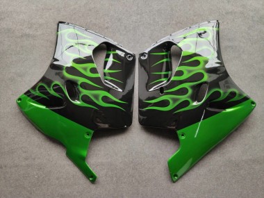 Beste Kawasaki ZZR1100 Motorrad Verkleidung 1993-2003 - Glanzendes Schwarz Grun Flamme