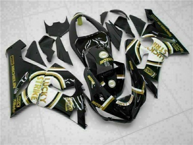 Beste Kawasaki ZX6R Motorrad Verkleidung 2005-2006 - Glanzendes Schwarz Weiss Gold Lucky Strike