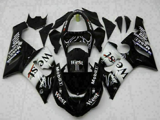 Beste Kawasaki ZX6R Motorrad Verkleidung 2005-2006 - Glanzendes Schwarz Weiss West