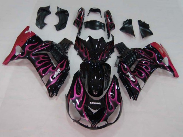 Beste Kawasaki ZX14R ZZR1400 Motorrad Verkleidung 2006-2011 - Glanzendes Schwarz Rot Rosa Flamme