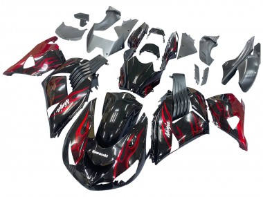 Beste Kawasaki ZX14R ZZR1400 Motorrad Verkleidung Kit 2006-2011 - Glanzendes Schwarz Rot Flamme