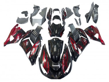Beste Kawasaki ZX14R ZZR1400 Motorrad Verkleidung Kit 2006-2011 - Glanzendes Schwarz Rot Flamme
