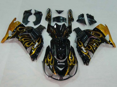Beste Kawasaki ZX14R ZZR1400 Motorrad Verkleidung 2006-2011 - Glanzendes Schwarz Gold Flamme