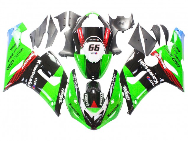 Beste Kawasaki ZX6R Motorrad Verkleidung 2005-2006 - Grun Rot Schwarz Elf 66