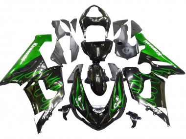 Beste Kawasaki ZX6R Motorrad Verkleidung 2005-2006 - Glanzendes Schwarz Grun Flamme