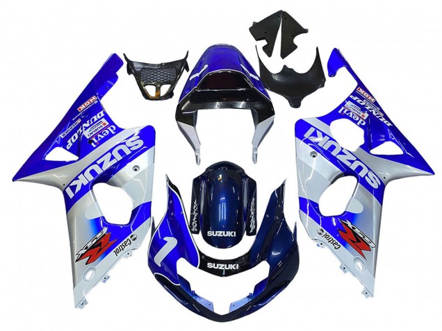 Beste Suzuki GSXR1000 Motorrad Verkleidung 2000-2002 - Blau Weiss Silber Castrol Dunlop
