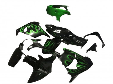 Beste Kawasaki ZX9R Motorrad Verkleidung 2000-2001 - Glanzendes Schwarz Grun Flamme