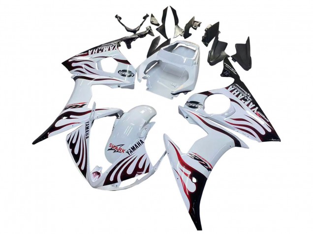 Beste Yamaha YZF R6S Motorrad Verkleidung 2006-2009 - Weiss mit Dunkel Schwarz Flamme