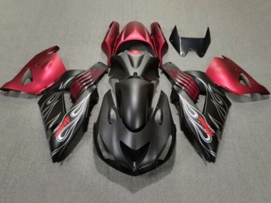 Beste Kawasaki ZX14R ZZR1400 Motorrad Verkleidung 2006-2011 - Matt Schwarz Rot Silber Flamme