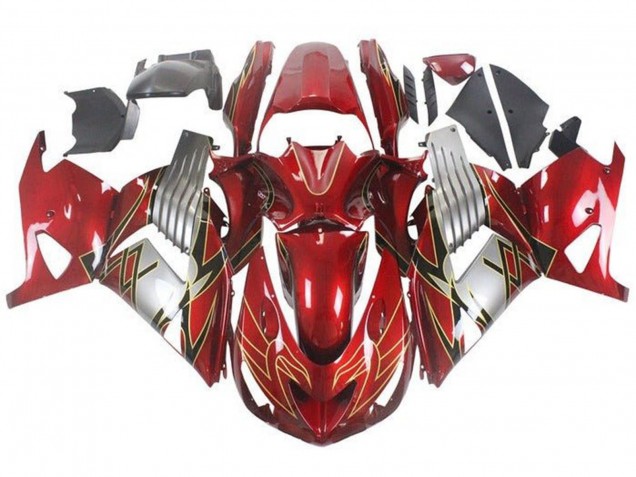Beste Kawasaki ZX14R ZZR1400 Motorrad Verkleidung 2006-2011 - Rot Silber Schwarz Gold