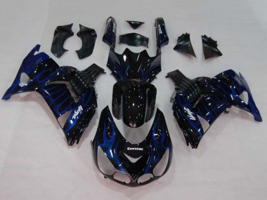 Beste Kawasaki ZX14R ZZR1400 Motorrad Verkleidung 2006-2011 - Glanzendes Schwarz Blau Flamme