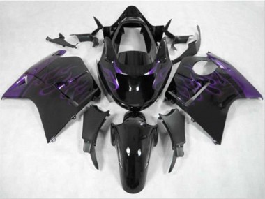Beste Honda CBR1100XX Blackbird Motorrad Verkleidung 1996-2007 - Glanzendes Schwarz Lila Flamme