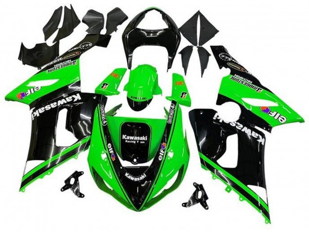 Beste Kawasaki ZX6R Motorrad Verkleidung 2005-2006 - Glanzendes Schwarz Grun Weiss Elf Touch4 Bridgestone