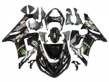 Beste Kawasaki ZX6R Motorrad Verkleidung 2005-2006 - Glanzendes Schwarz Gelb Monster