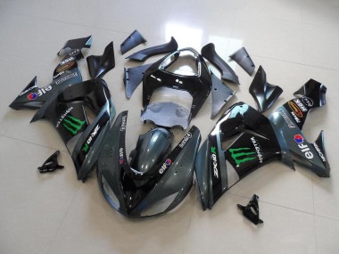 Beste Kawasaki ZX10R Motorrad Verkleidung 2006-2007 - Glanzendes Schwarz Matt Schwarz Grun Elf Touch4 Monster Energy