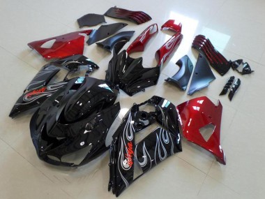 Beste Kawasaki ZX14R ZZR1400 Motorrad Verkleidung 2006-2011 - Rot Glanzendes Schwarz Silber Flamme