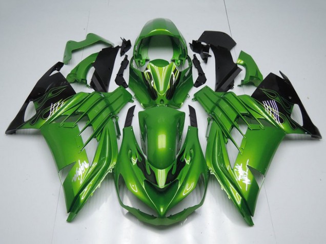 Beste Kawasaki ZX14R ZZR1400 Motorrad Verkleidung 2012-2024 - Grun Glanzendes Schwarz Flamme Weiss Ninja