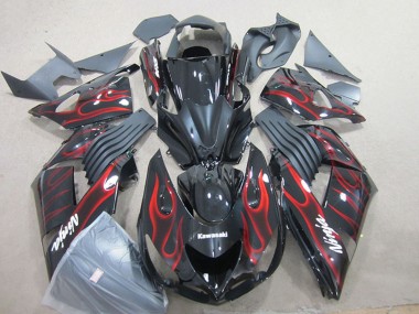 Beste Kawasaki ZX14R ZZR1400 Motorrad Verkleidung 2006-2011 - Glanzendes Schwarz Rot Flamme